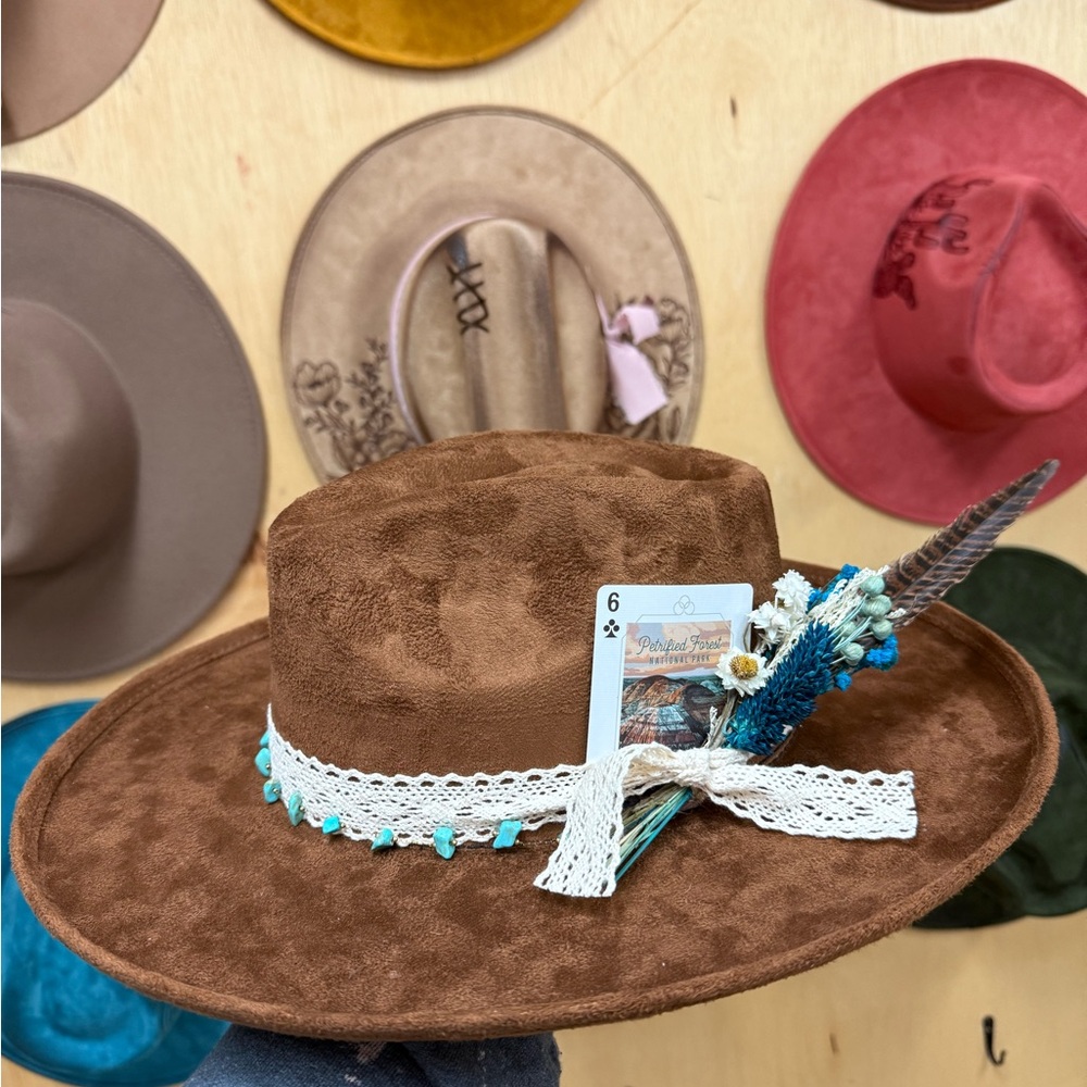 Brown Suede Hat with Lace and Feather Accent
